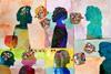 An illustration of silhouetted faces sharing ideas through speech in the form of small colourful squares