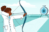 An image showing a female student dressed in a lab coat, holding a bow and aiming her arrow at the centre of a target shaped like a chemical round bottom flask