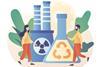 Flat illustration of two people walking past a conical flask and a nuclear plant
