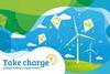 An illustration showing wind turbines on a grassy hill, surrounded by kites with icons for recycling, batteries and electricity