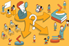 A cartoon of a oversized school student choosing between answers to a question. Around him are smaller students and teachers in lessons and walking around.