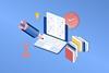 Illustration of laptop, giant pencil, books, clocks, lightbulb and timer for the online survey