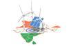 Outline of India in colours of flag with wind turbines and solar panels on top