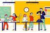 Illustration of learners working at lab benches with glassware while a teacher demonstrates a practical chemistry experiment in a classroom