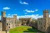 An image of Caernarfon castle with a blue sky and green grass in the castle grounds