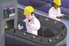 A cartoon of scientists working in a factory making human noses