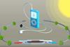 Depiction of a solar cell powering a music player
