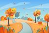 Simplistic illustration of trees and bushes with the wind brushing autumnal leaves into the air