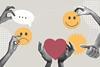 Hands holding symbols: three dots, smiley face, neutral thumbs, heart and sad face; halftone collage style