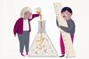 A cartoon of two people with a giant conical flask and a giant ruler