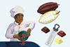 An illustration of a chocolatier, a cacao pod and a thermometer with different types of chocolate