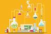 An illustration: yellow background, workbench with colourful practical chemistry equipment such as test tubes, flasks and clamps
