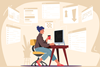 A cartoon of a woman working at a desktop computer she is surrounded by interconnected windows from her screen including some spreadsheets and chemistry teaching images