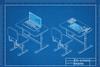 A blueprint of two desks used for an exam - one has a laptop for a digital exam and one has a paper based exam