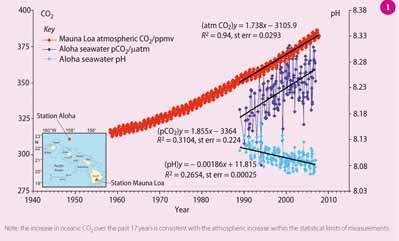 Doney et al.’s foundational visualization of changing ocean carbonate chemistry, plotting historical and projected changes in variables such as surface-ocean pH and carbonate ion concentration as atmo