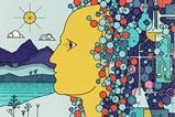 A schematic style cartoon of a human head leaves the overwhelming complexity of chemistry behind to find peace with mountains, a lake and friends.