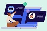 A cartoon of a small woman sitting on a giant laptop interacting online with a bot