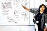 Suriya teaching a class at the whiteboard. The lesson is on ionic bonding and she is showing using electron shell diagrams how sodium donates an electron to chlorine to make sodium chloride.