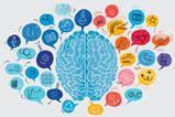 A drawing of a brain surrounded by blue speech bubbles containing the elements of chemistry and multicoloured bubbles of creativity and application of chemistry