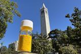 A bright yellow powder in a closed glass jar in front of a university clock tower