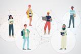 Cartoons of different young people in casual dress connected by a network