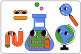 A smiling cartoon conical flask which has some features of a calculator surrounded by other cartoons of smiling pencil, equals sign, magnifying glass and globe.