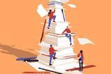 An illustration of tiny high school students climbing a stack of papers