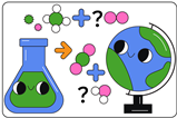 A cartoon conical flask helps a cartoon globe work through balancing a chemical equation.