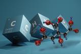The blocks for carbon, hydrogen and oxygen from the periodic table with a 3D structure for citric acid