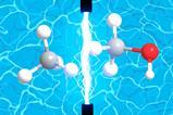 Molecules of methane and methanol with a plasma burst on a water background