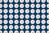 Rows and rows of identical clock faces showing different times