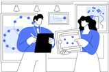 A cartoon of a teacher showing a researcher a chemistry drawing