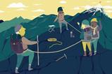 A cartoon of climbers supporting and encouraging each other on a mountainside
