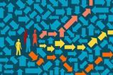 An illustration of people finding their way through a maze of arrow