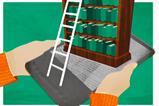 Illustration of hands holding a digital tablet with a small bookcase emerging from the screen