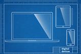 A blue print for a laptop, tablet and stylus and a mobile phone.