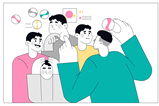 A cartoon of a student going through different emotions as a teacher uses marbles to explain relative atomic mass