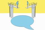 Cartoon of two students on high diving boards look nervously down into a speech bubble shaped pool