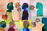 An illustration of silhouetted faces sharing ideas through speech in the form of small colourful squares