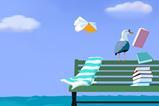 An illustration of a seagull in glasses on a seaside bench reading books as they fly away
