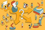 A cartoon of a oversized school student choosing between answers to a question. Around him are smaller students and teachers in lessons and walking around.