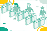 Children passing through four entrance barriers