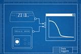 In the style of a technical drawing, a set of digital scales and a colorimeter feed results into a graph