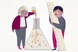 A cartoon of two people with a giant conical flask and a giant ruler
