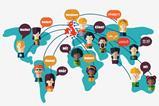 A cartoon showing people from around the world saying hello in their native languages and heading to the UK.