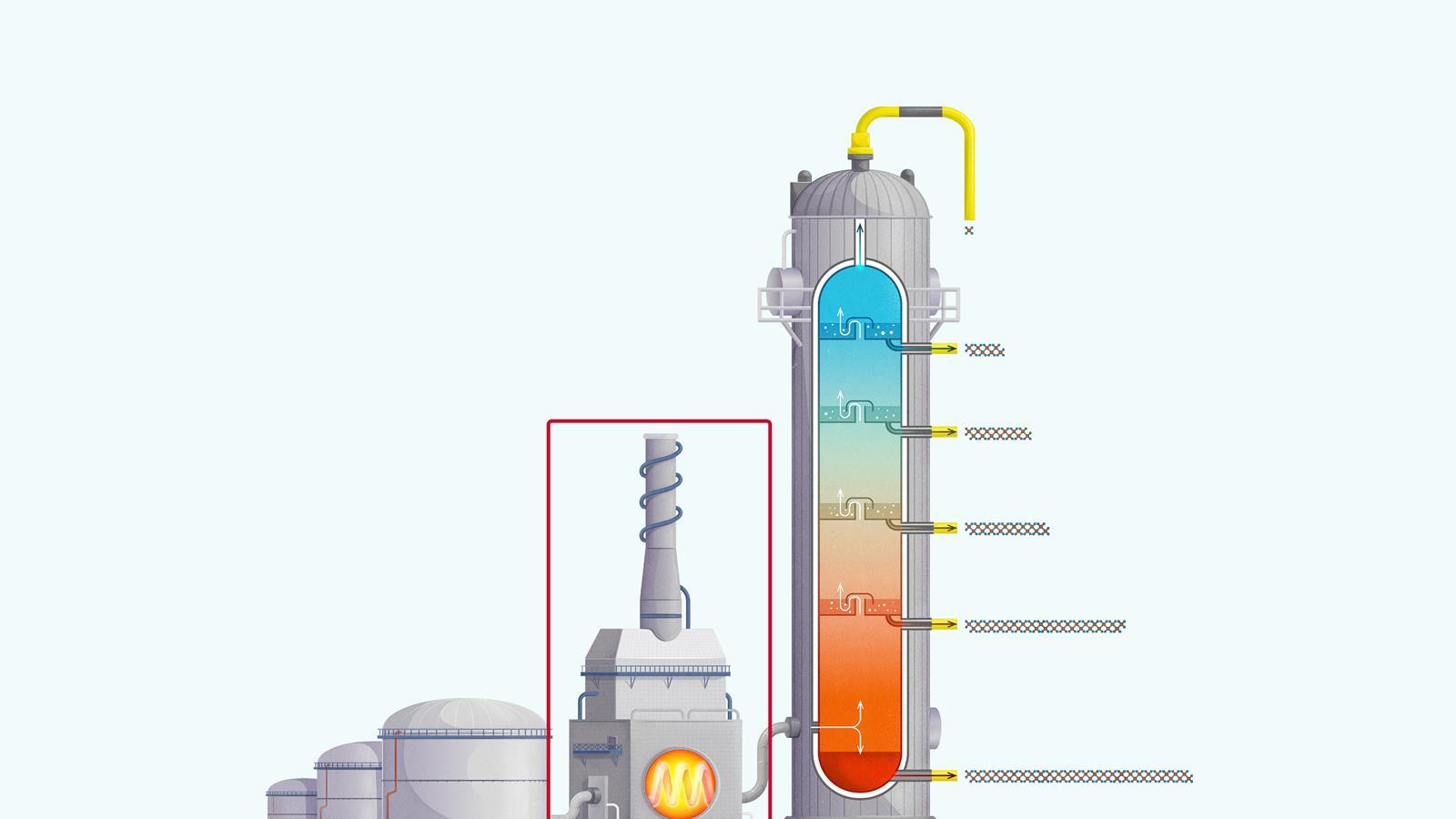 Fractional distillation--crude oil furnace