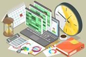 An illustration of a laptop running spreadsheets with clocks and a calculator around it.
