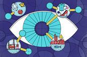 A schematic style cartoon of a giant eye with molecule diagrams around that have images inside representing diamonds, clothing, fuel and pollution