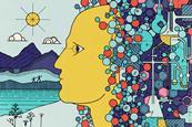 A schematic style cartoon of a human head leaves the overwhelming complexity of chemistry behind to find peace with mountains, a lake and friends.