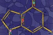 A schematic style cartoon of a molecular diagram where tiny people are climbing ladders for some of the bonds